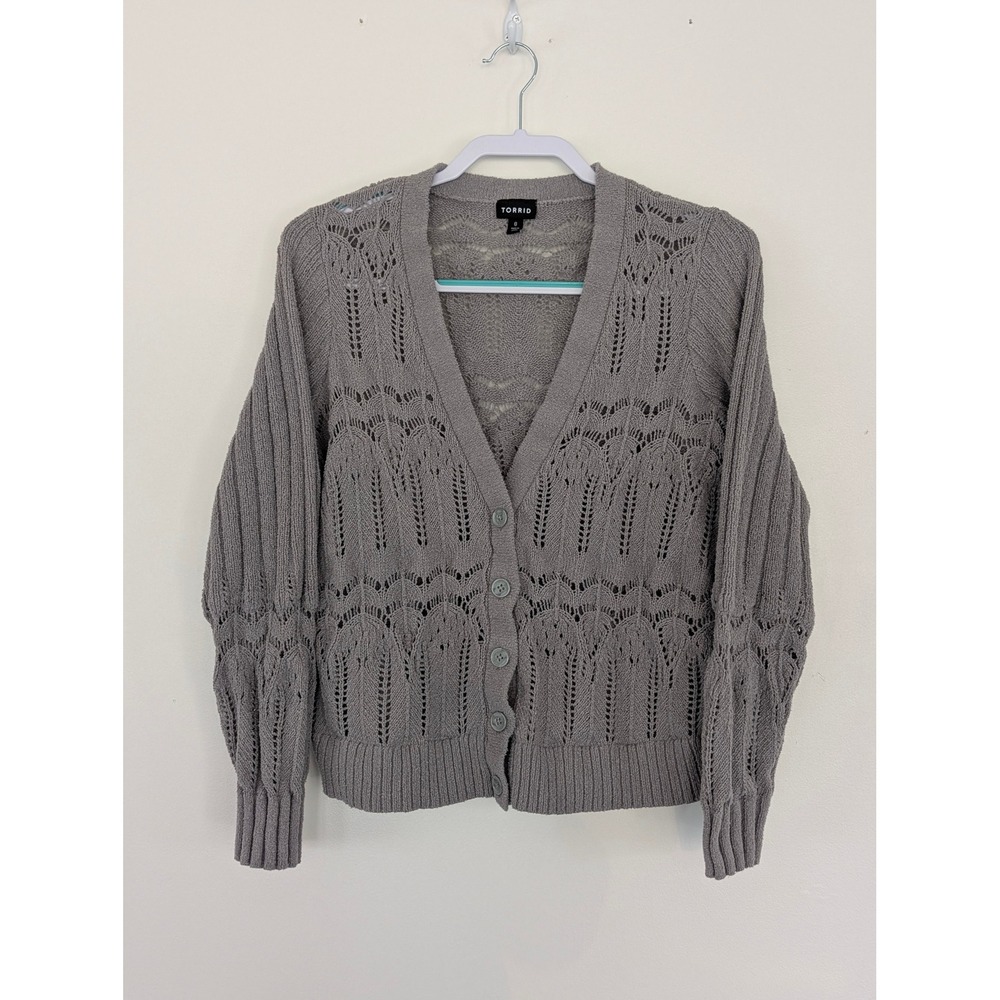 Torrid Cardigan Sweater Womens L‎ Grey Excellent Pointelle Knit Button Front